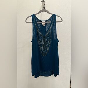 Dark teal Knox Rose shirt with gold metal appliqué